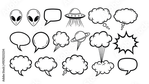 Creative Cosmic Collection: A captivating black and white illustration of assorted thought bubbles and space-themed icons, perfect for adding a touch of whimsy and intrigue to your designs. 