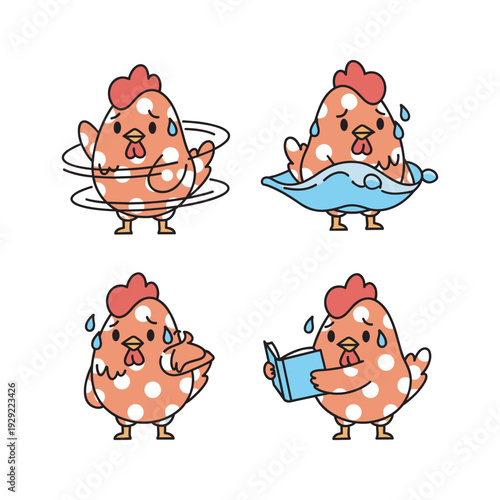 Stressed chicken cartoon character experiencing heatwave with funny expressions