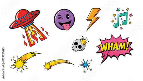 Whimsical Graphic Elements: A colorful array of playful graphic elements, including a cartoon UFO, a cheeky emoji, a musical note, and various energetic bursts.