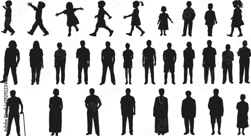 People silhouette collection, children adults and elderly figures isolated on white background, diverse human characters vector illustration set