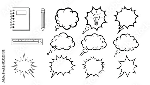 Creative Tools and Thought Bubbles: A collection of essential creative tools like a notebook, pencil, and ruler are thoughtfully arranged alongside an array of captivating thought bubbles.