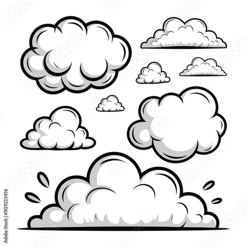 Comic Cloud Illustration: A collection of stylized comic clouds with thick outlines, ready for creative usage in design and illustration. This image embodies versatility and artistic flair.