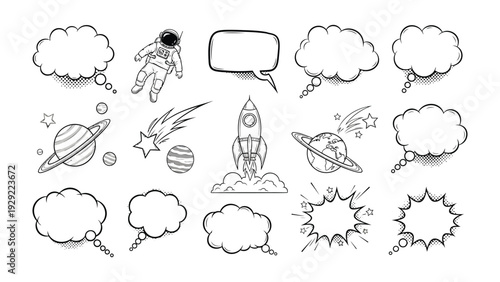 Interstellar Sketch: Collection of artistic speech bubbles and celestial elements, depicting the vastness of space. 