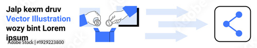 Finance, digital payment, technology workflow, resource sharing, financial processes, online platforms. Hands transferring coins to a box, arrows and a sharing symbol. Finance and digital payment