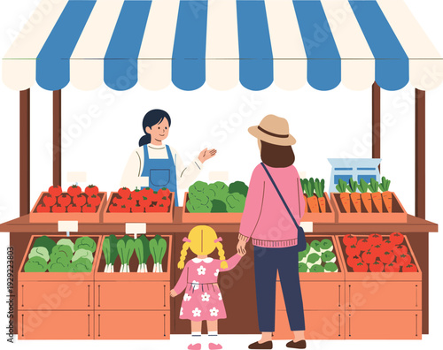 Mother and Child Shopping at Farmers Market Stall with Fresh Vegetables, Local Organic Produce Stand Vector Illustration