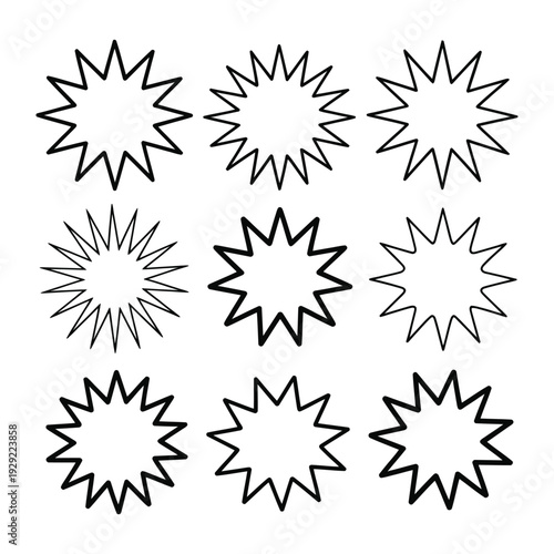 Bursting Starburst: A collection of stylized starbursts, each radiating a unique energy, meticulously arranged against a clean backdrop. These elements add flair to any design.