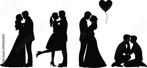 Romantic couple silhouette set, loving pairs embracing and kissing with heart balloon isolated on white background, wedding and Valentine vector illustration