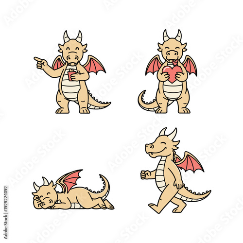 Cartoon dragons in various poses with red wings and white belly