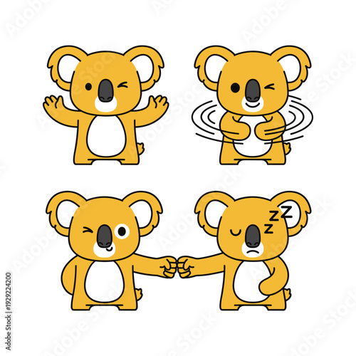 Photography Cartoon koalas showing different emotions and friendship in a simple illustratio