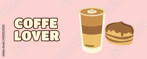 Coffee Lover banner with iced coffee glass and chocolate donut, modern cafe illustration