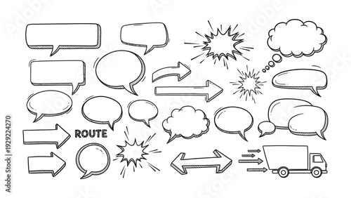 Doodle Communication Set: A collection of hand-drawn communication elements, including speech bubbles and directional arrows, perfect for conveying thoughts, ideas.