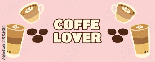 Coffee Lover banner with coffee cups and takeaway glasses with coffee beans