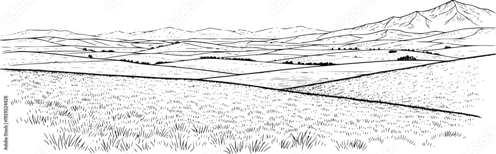 Fototapeta premium Black and white of rolling agricultural fields leading to distant mountains landscape