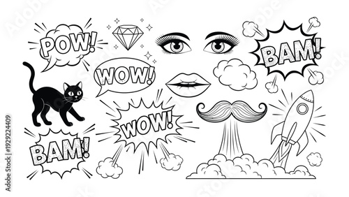 Comic Style Illustration: Whimsical illustrations, featuring a black cat, speech bubbles, diamond, eyes, lips, mustache, and rocket, all rendered in a dynamic comic book style. 