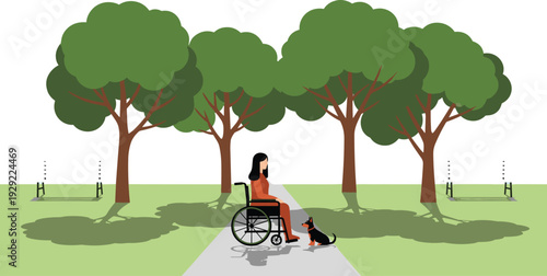 Woman in Wheelchair Walking Dog in Park, Inclusive Outdoor Lifestyle Scene with Trees and Path Vector Illustration