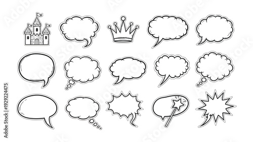 Comic Speech Bubble Icon: A whimsical set of comic speech bubbles and other related elements perfect for expressing thoughts, ideas, and messages. Perfect for storyboards, design.