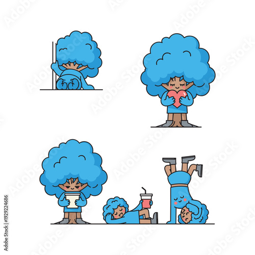 Cartoon character with blue afro hairstyle in various daily activities with humor and playfulness