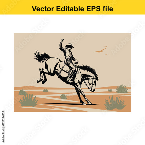 Cowboy Riding Horse Wild West Desert Scene Vector Illustration