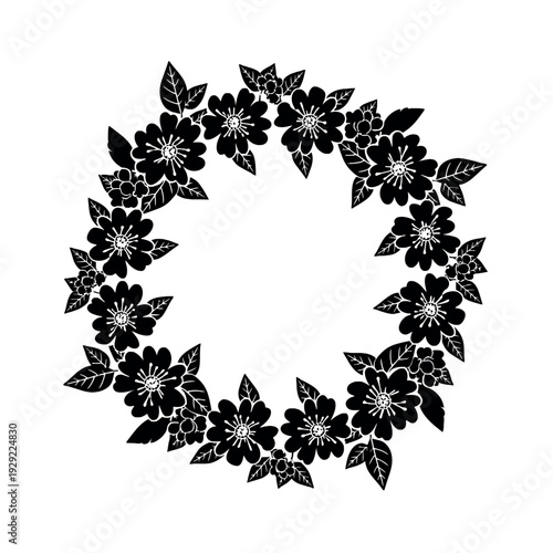 A monochrome floral wreath silhouette with a botanical circle frame and simple floral circle design on a white background.