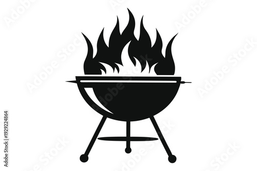 aussie bbq grill with flames silhouette line art vector illustration