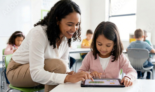 Female teacher helping young girl using digital tablet in classroom