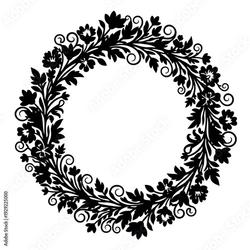 A minimalist spring wreath silhouette with a botanical circle frame and floral wreath outline, featuring a monochrome wreath vector design on a clean white background.