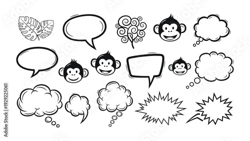 Comic monkey thoughts bubble set: This whimsical scene is of cartoon thought bubbles and monkey faces with a variety of shapes for comic speech expression. 