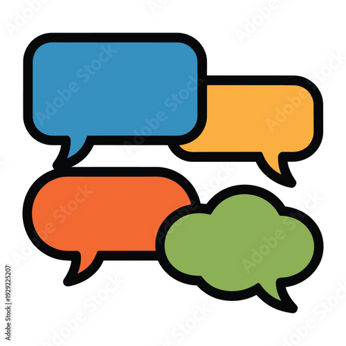 Dialogue Bubbles: A vibrant collection of dialogue bubbles, each with a distinct color and shape, represents communication, interaction, and the exchange of ideas in a dynamic visual composition.