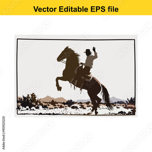 Cowboy Riding Horse Silhouette Wild West Scene Vector Illustration
