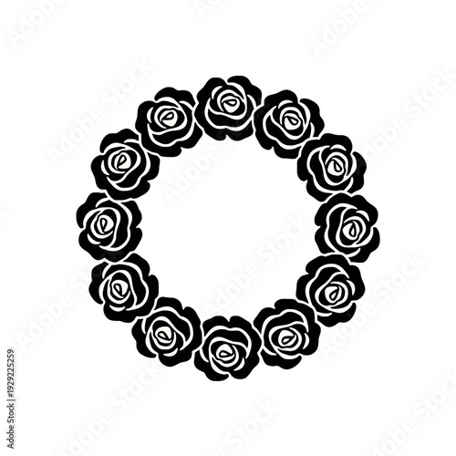 Monochrome illustration of a circular floral wreath outline made of roses on a plain white background, forming a simple botanical frame.