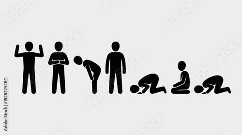 Islamic prayer positions vector illustration with six Salah postures, black silhouette figures, religious ritual sequence design, cultural heritage artwork, educational worship reference vector graphi