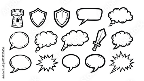 Comic Elements Collection: A whimsical collection of comic book elements, ready to add flair to any creative project. Including elements like speech bubbles, shields.