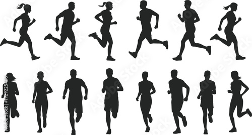 Running people silhouettes collection, men and women joggers in motion isolated on white background, fitness sport vector illustration set