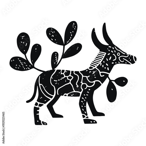 Mystical Animal and Leaf Ornament: A striking black and white illustration of an animal adorned with leaf ornaments, exuding a sense of enigmatic charm and artistic allure.