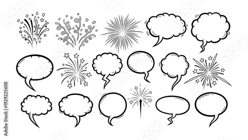 Comic Speech Bubbles and Fireworks Collection: A dynamic collection of comic speech bubbles and festive fireworks.