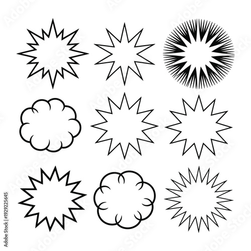 Comic Burst Elements: A dynamic collection of comic-style burst elements, each a unique expression of explosive energy, perfect for adding impact and visual flair.