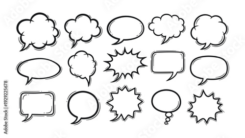 Dynamic Dialogues: A curated collection of diverse speech bubbles, perfect for visual communication. Representing thoughts, dialogue and ideas in various creative forms.
