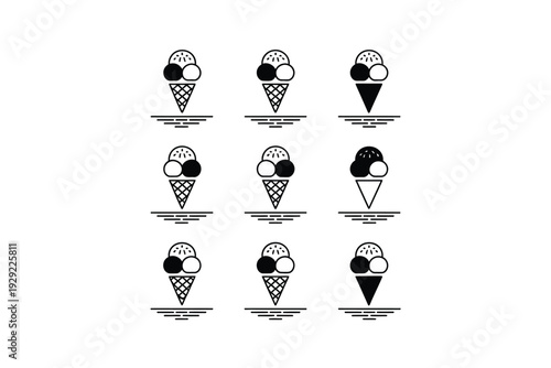 Ice cream icon set with various cone and scoop combinations