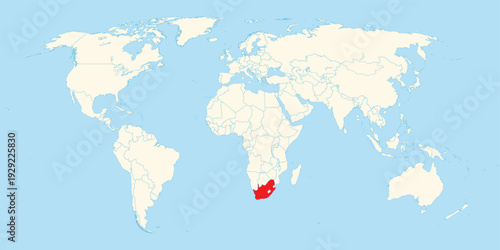World map highlighting the location of South Africa in red color on the southern tip continen