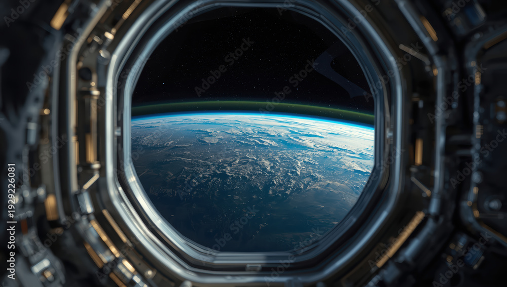 Fototapeta premium Spacecraft window view of Earth curvature with atmosphere glow and cloud detail