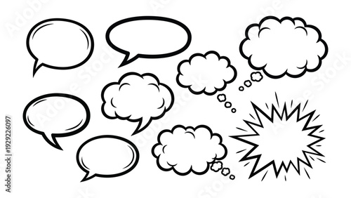 Dialogue Bubbles in Various Forms: A collection of meticulously crafted, empty dialogue bubbles, capturing the essence of diverse conversations, thoughts, and ideas.
