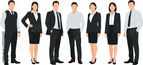 Professional business people set, diverse corporate team characters in formal suits standing together, flat vector illustration for office teamwork