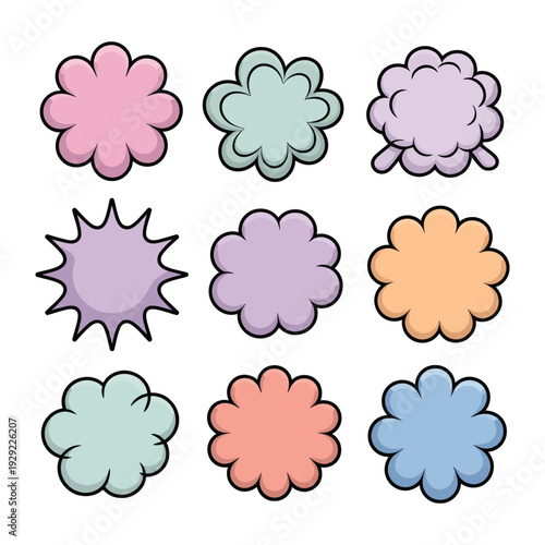 Comic Bubbles: A vibrant collection of colorful comic bubbles, each uniquely designed to convey thoughts, emotions, and expressions in graphic storytelling. 