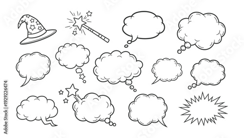 Magic of Discourse: A collection of charming speech bubbles and magical elements, perfect for conveying thoughts, ideas, and whimsical narratives.