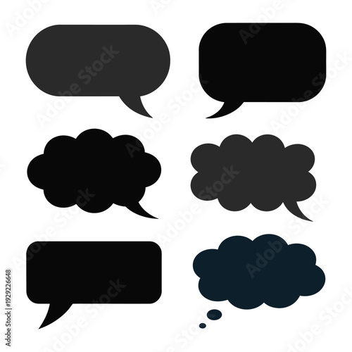 Communication Silhouettes: A selection of six distinct speech bubbles, each in varying shapes, conveys the essence of dialogue and thought. Perfect for design.