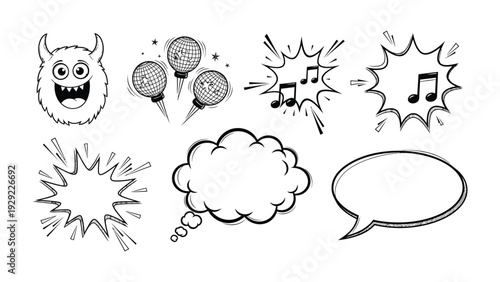 Comic Book Elements: Various illustrations of comic book elements, including a playful monster, exploding lightbulbs, musical notes, and speech bubbles.