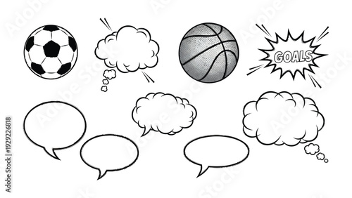 Graphic Sports Elements and Comic Speech Bubbles: A graphic set that encapsulates the dynamic world of sports, featuring iconic sport balls alongside a variety of comic-style speech bubbles. 