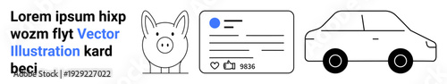 Savings, social media, vehicle ownership, financial planning, online interaction, digital connections. Minimal piggy bank, a social media card and a car silhouette. Savings and social media