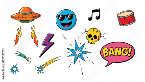 Dynamic Graphic Elements: A collection of vibrant graphic elements, including a cartoon flying saucer, emoji face, musical note, drum, lightning bolt, shooting star, starburst, skull.