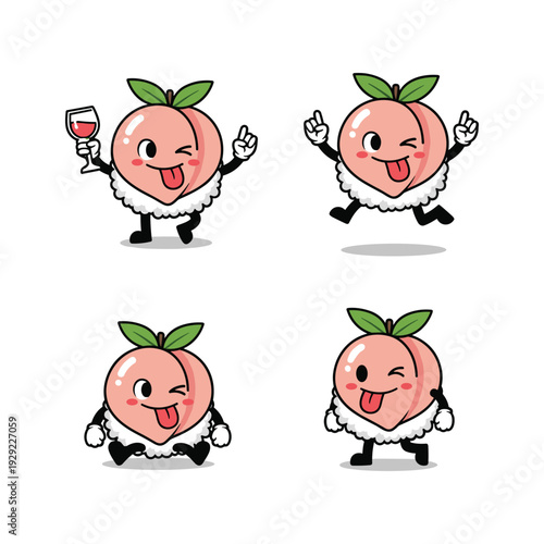 Cartoon peach character with different expressions and actions